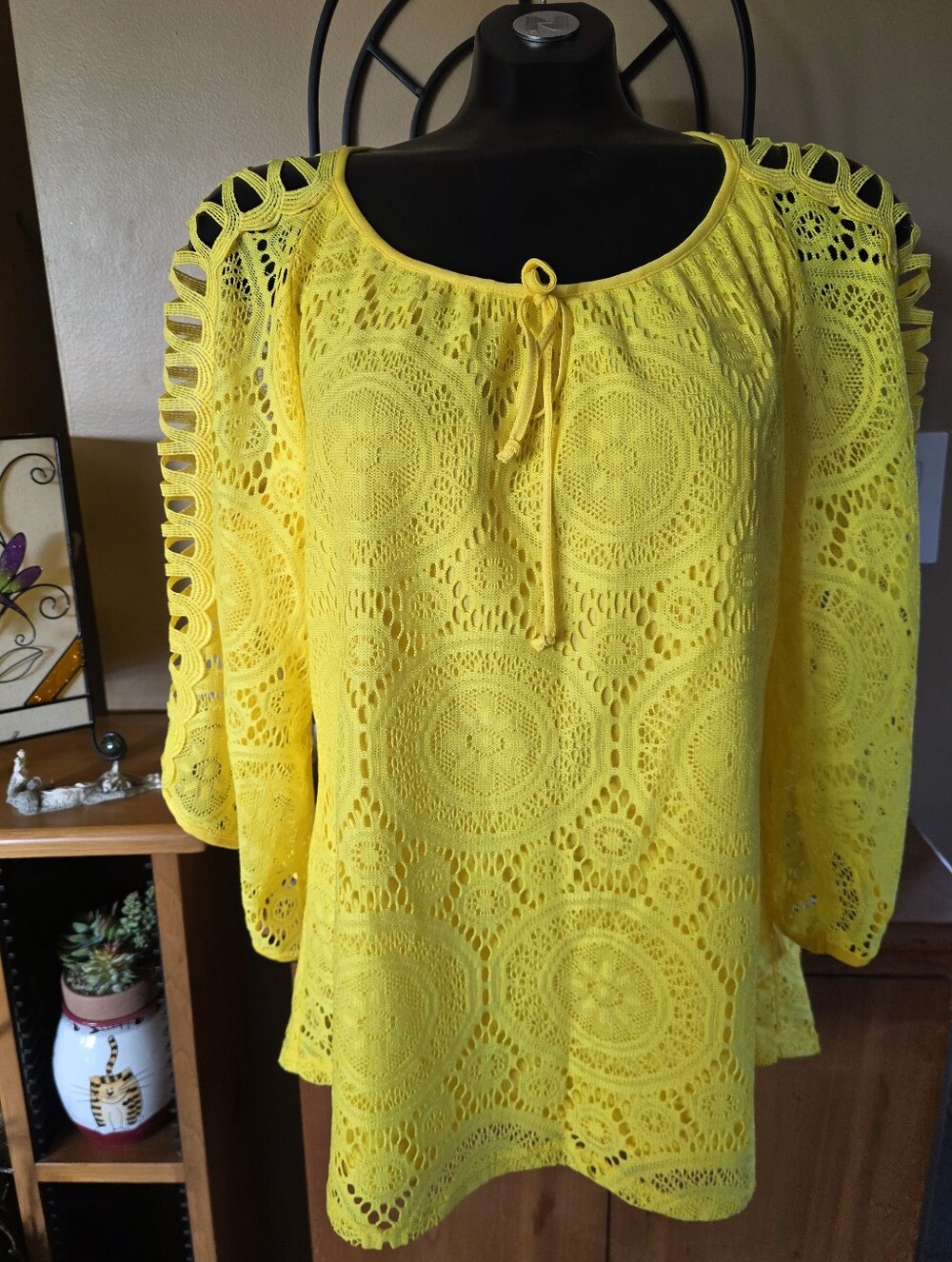 Tacera Bright Yellow Crochet Lace Oversized Peasant Top With Ladder Sleeves Sz M